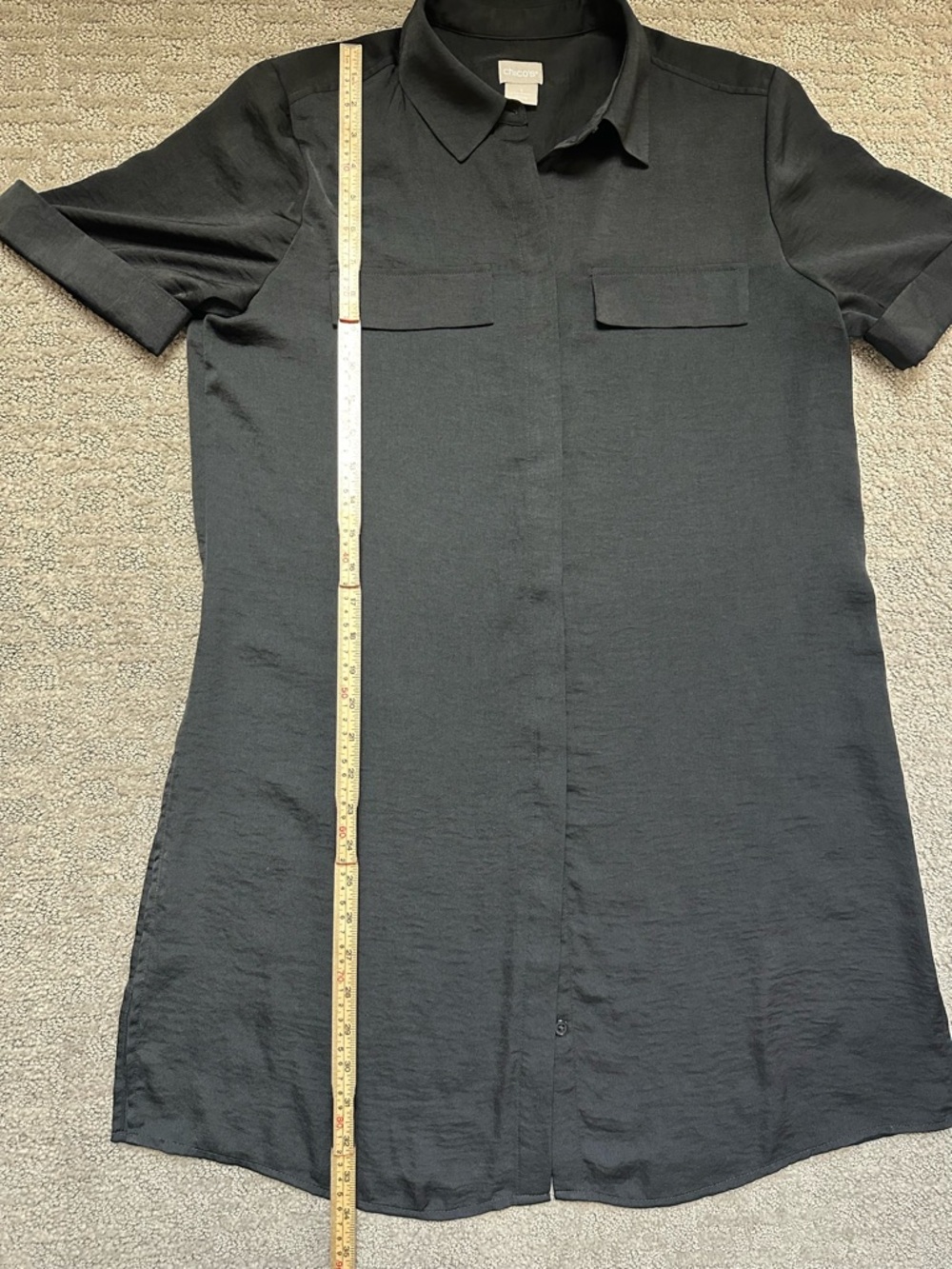 Chico’s Black Button Front Tunic Shirt Size 1 Short Sleeve Lightweight - Picture 9 of 12